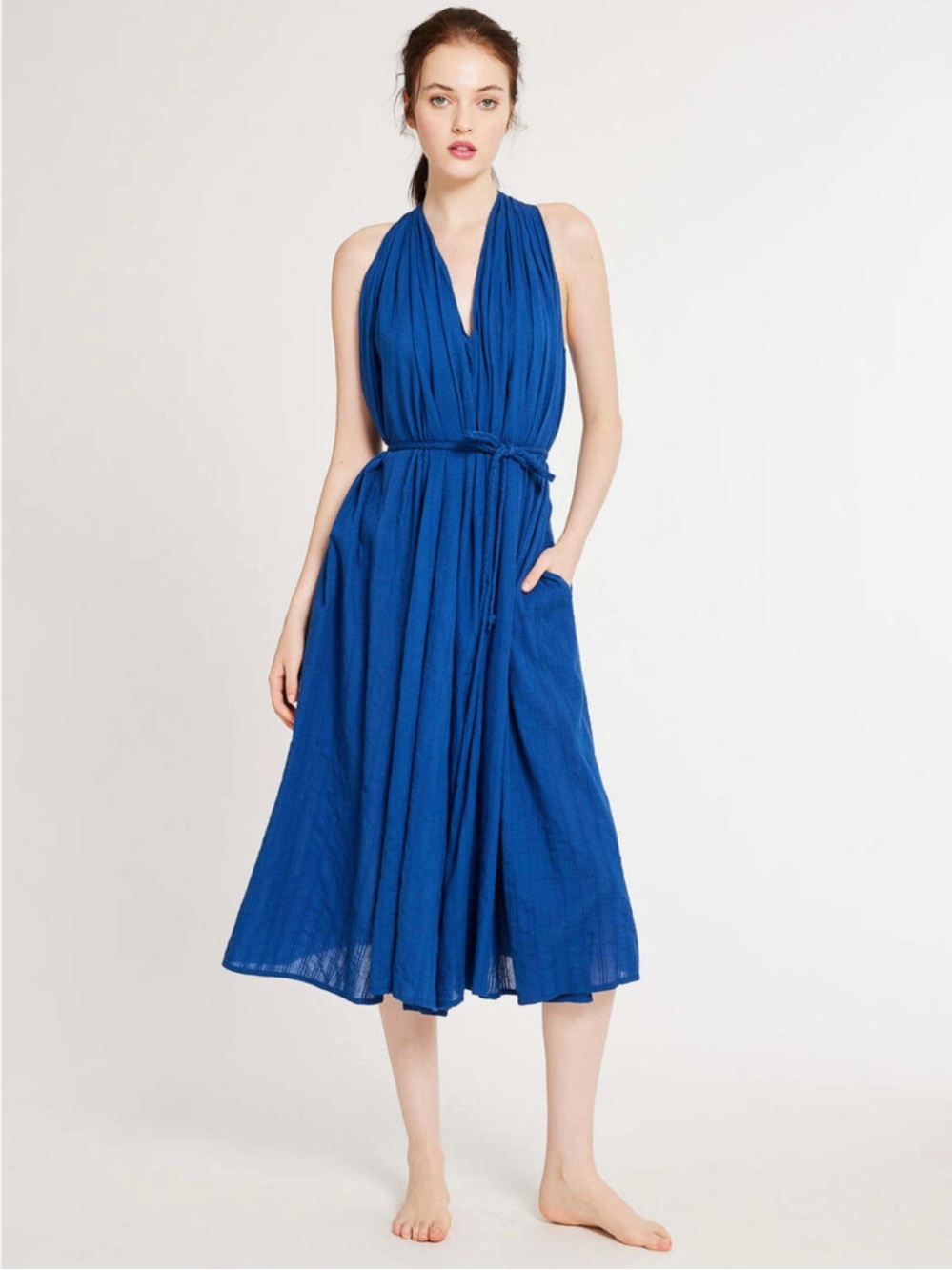 Mille Marilyn Belted Sleeveless Cotton Midi‎ Dress w/ Pockets in Indigo New!